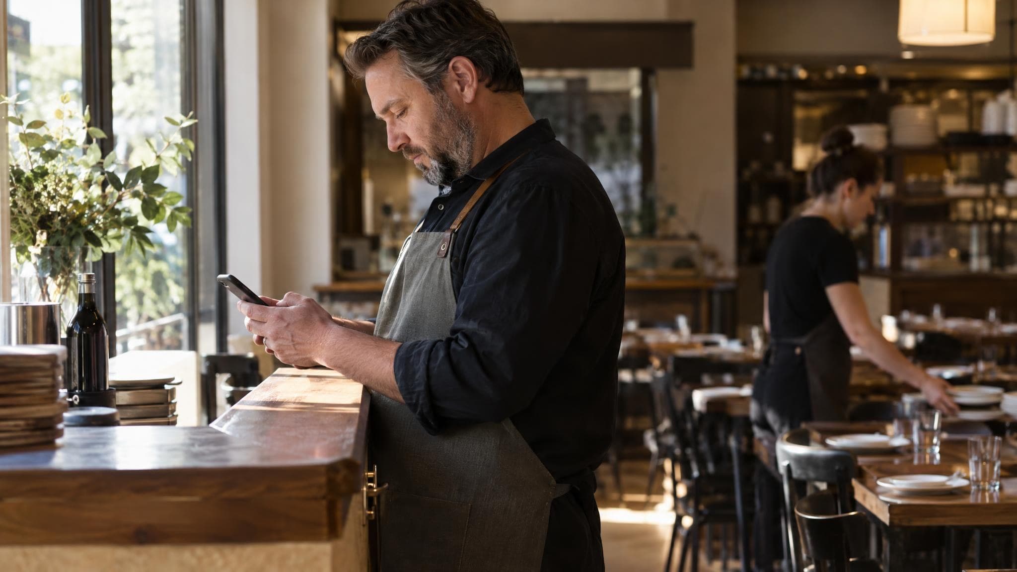 Una persona revisa su teléfono en el mostrador de un restaurante mientras otra acomoda platos al fondo.