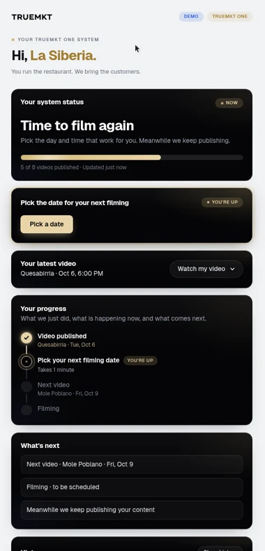 Demostración de TRUEMKT ONE Tracker con un aviso de grabación, un botón para elegir fecha, el último video y avances.