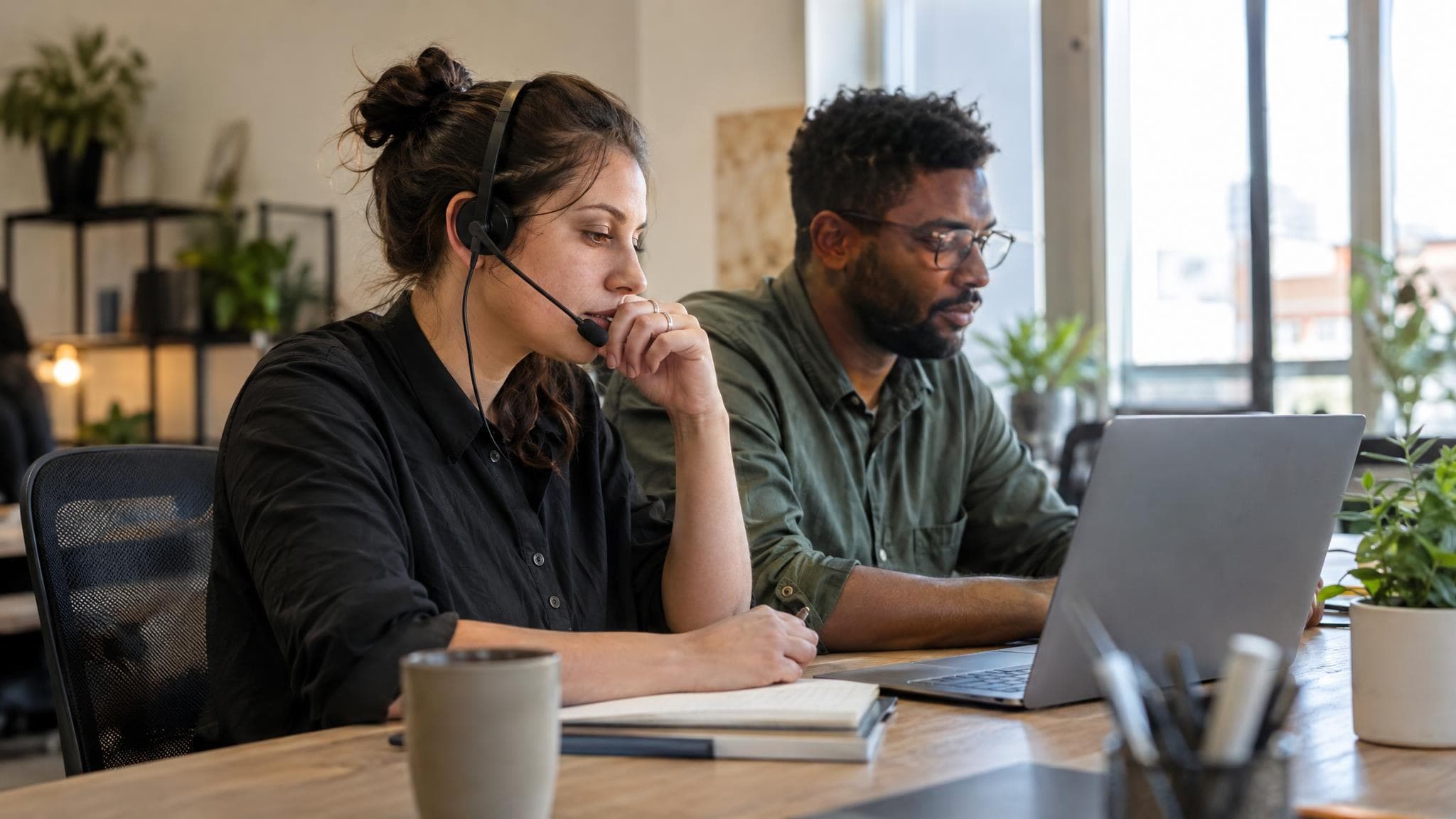 Dos personas de atención al cliente trabajan junto a una computadora portátil; una lleva auriculares.