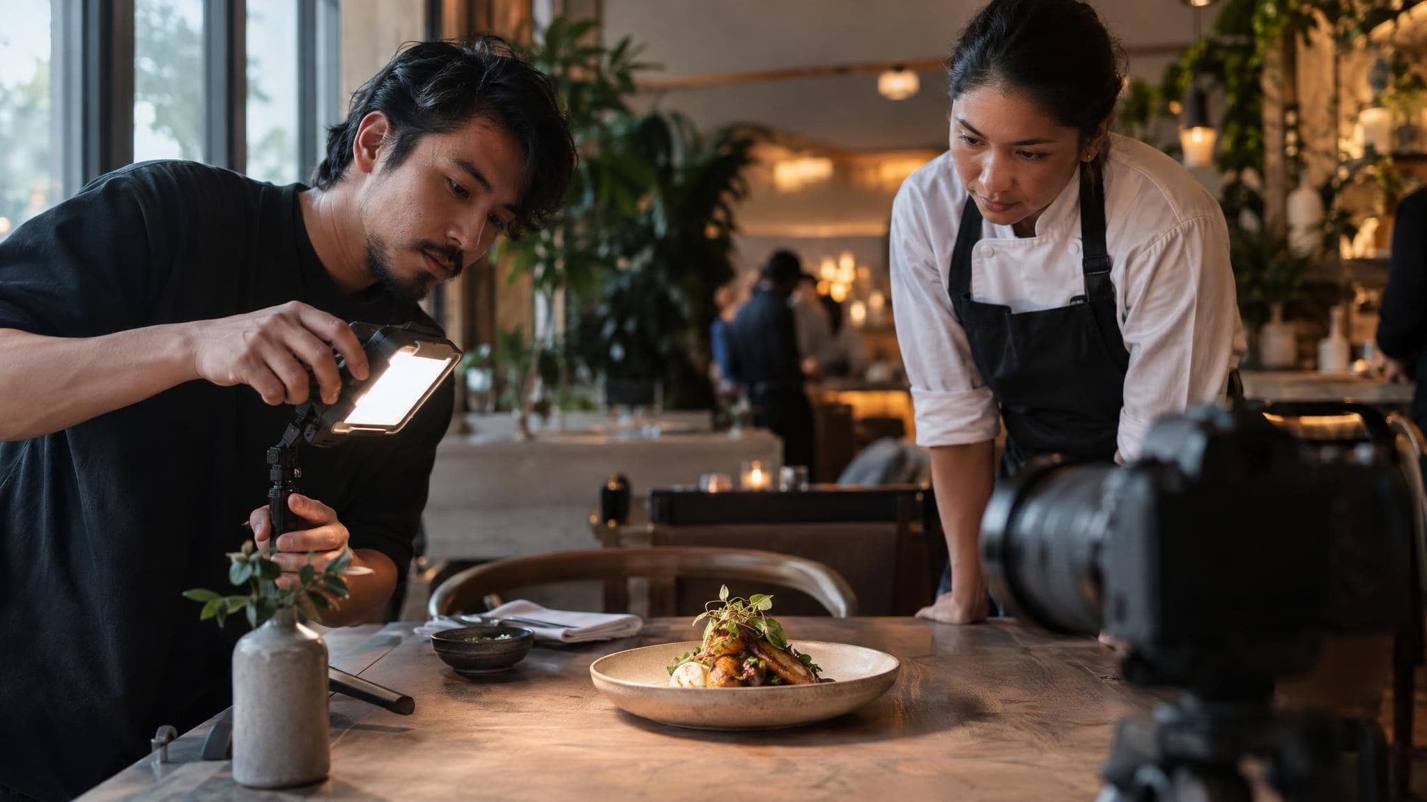 Un creador de contenido ajusta una luz junto a un plato servido mientras una persona del restaurante observa.